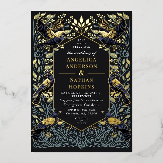 Invitation En Aluminium Mariage floral corbeau gothique enchanté (Recto)