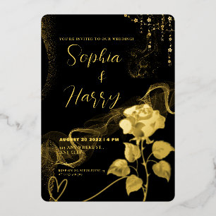 Invitation En Aluminium Mariage floral de luxe noir et or avec effet foil