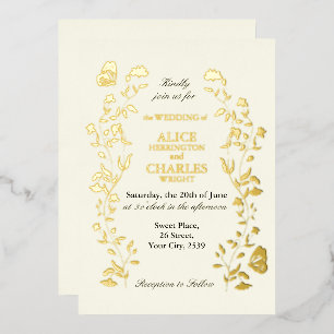 Invitation En Aluminium Mariage floral de style vintage or et crème