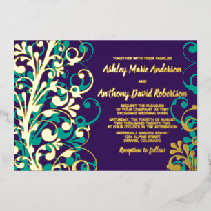 Invitation En Aluminium Mariage Floral Doré Véritable Turquoise Violet