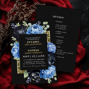 Invitation En Aluminium Mariage Floral Élégant Bleu et Noir