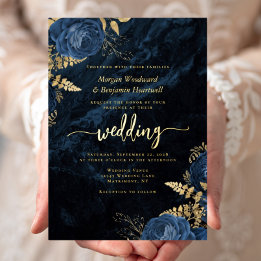 Invitation En Aluminium Mariage floral élégant bleu marine or