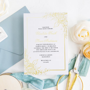 Invitation En Aluminium Mariage Floral Élégant Simple avec Feuille d'Or