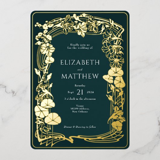 Invitation En Aluminium Mariage floral Emerald Green Gold Foil (Recto)