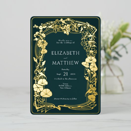 Invitation En Aluminium Mariage floral Emerald Green Gold Foil (Debout devant)