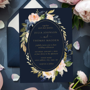 Invitation En Aluminium Mariage Floral Feuillage Navy Blush Or