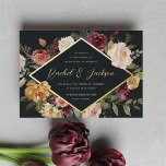 Invitation En Aluminium Mariage floral géométrique en fleur rustique<br><div class="desc">D'élégantes invitations à des mariages fleuris ou des mariages d'automne ou d'hiver présentent vos détails nichés dans un losange allongé entouré de roses d'aquarelle, de mamans et de verdure dans des couleurs d'automne rustiques, comme la pêche, l'ivoire, le rougissement, le bordeaux et le vert. La garniture en feuille d'or complète...</div>