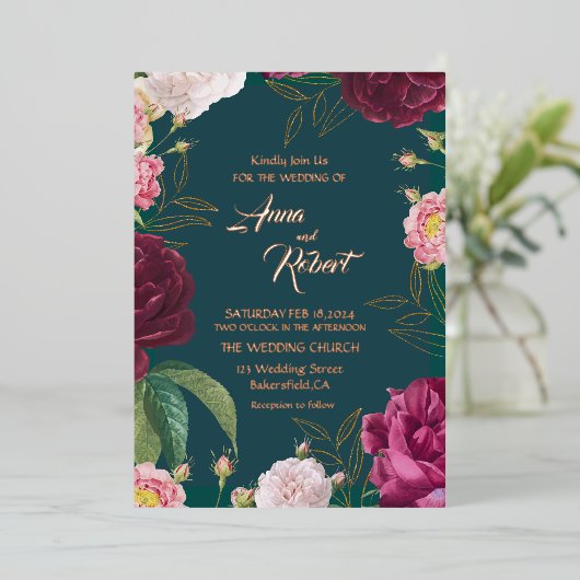 Invitation En Aluminium Mariage Floral Gold & Emerald Green (Debout devant)