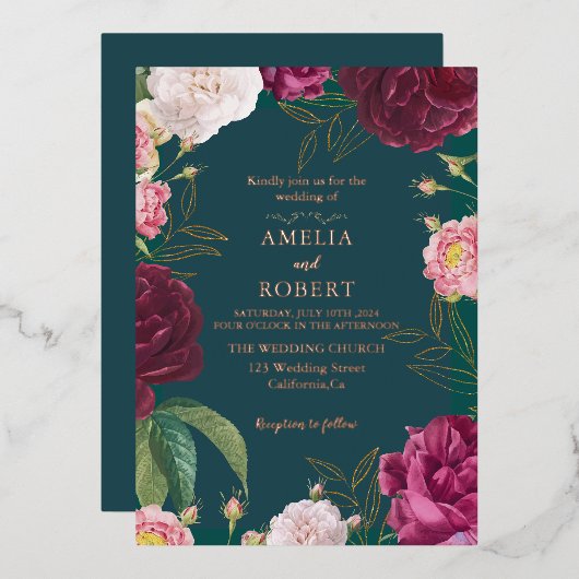 Invitation En Aluminium Mariage Floral Gold & Emerald Green (Recto/Verso)
