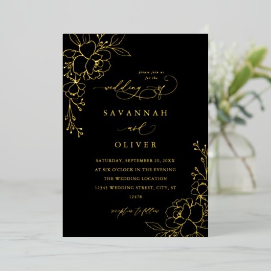 Invitation En Aluminium Mariage Floral Gold Linal Black & Gold (Debout devant)