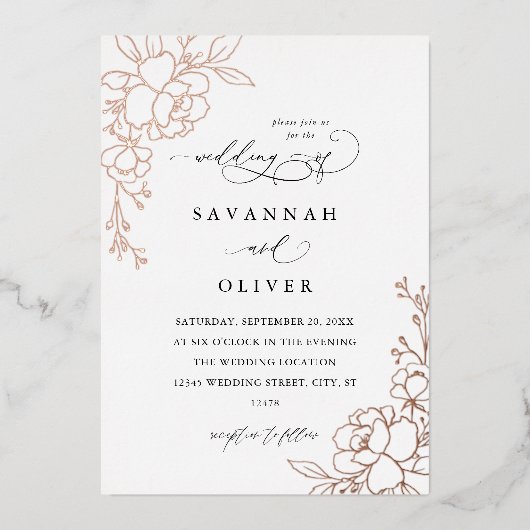 Invitation En Aluminium Mariage Floral Linal Or Blanc, Noir & Foil (Recto)