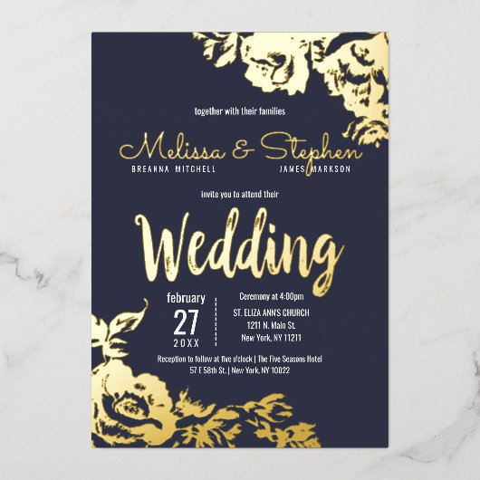 Invitation En Aluminium Mariage floral Marine Blue Real or (Recto)
