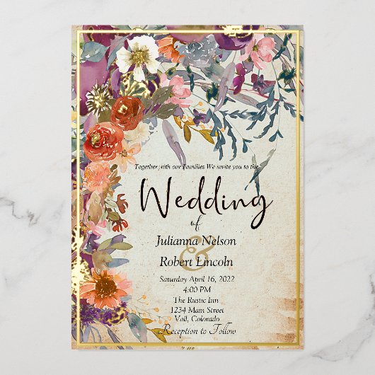 Invitation En Aluminium Mariage floral mixte d'automne (Recto)