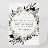 Invitation En Aluminium Mariage floral moderne noir et blanc (Recto)