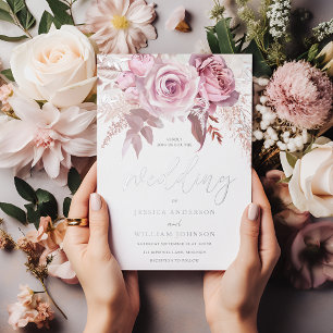 Invitation En Aluminium Mariage Floral Moderne Rose et Argent Divin
