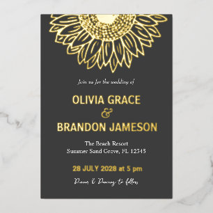 Invitation En Aluminium Mariage Floral Moderne Tournesol Or Noir 