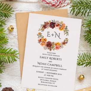 Invitation En Aluminium Mariage Floral Monogramme Feuille Automne Rustique