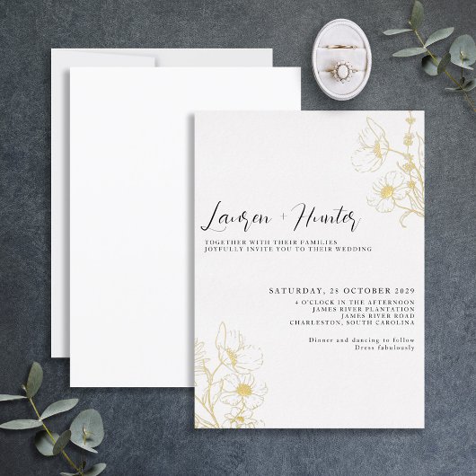 Invitation En Aluminium Mariage Floral Noir Blanc Script Moderne Or