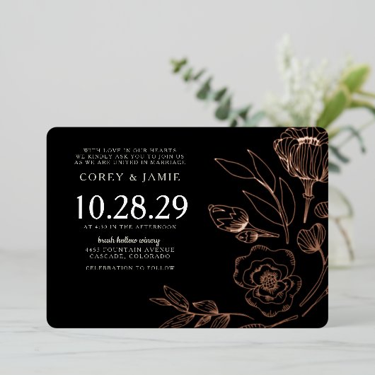 Invitation En Aluminium Mariage floral noir élégant (Debout devant)