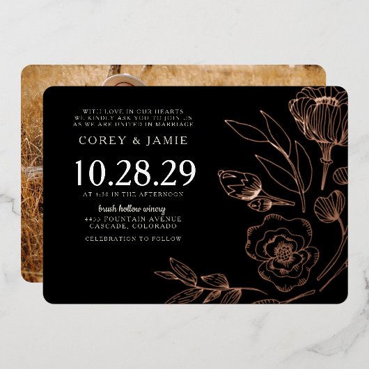 Invitation En Aluminium Mariage floral noir élégant (Recto/Verso)