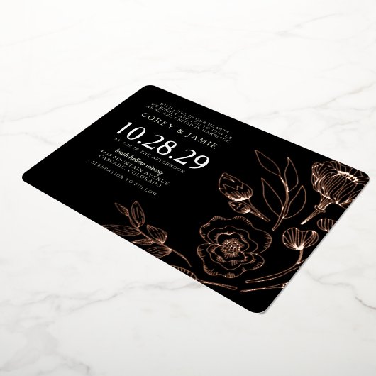 Invitation En Aluminium Mariage floral noir élégant (Rotation)