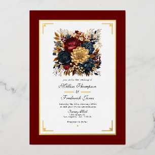 Invitation En Aluminium Mariage floral or, bleu marine et bordeaux