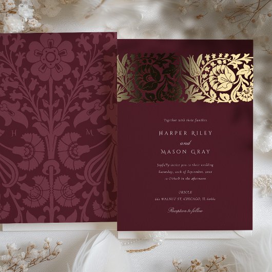 Invitation En Aluminium Mariage Floral Or Bourgogne