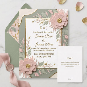 Invitation En Aluminium Mariage floral or et vert sauge dimensionnel
