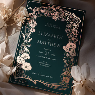 Invitation En Aluminium Mariage floral or rose et vert émeraude