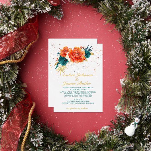 Invitation En Aluminium Mariage Floral orange et Turquoise (Insitu)
