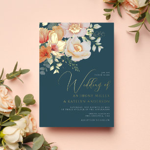 Invitation En Aluminium Mariage Floral Printanier Orange et Bleu Sarcelle