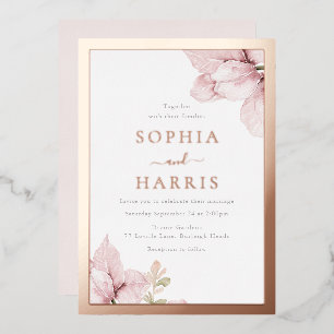 Invitation En Aluminium Mariage floral rose à fond d'or