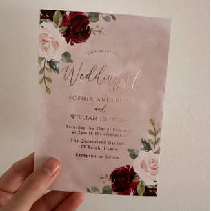 Invitation En Aluminium Mariage floral rose bordeaux et blush avec feuille