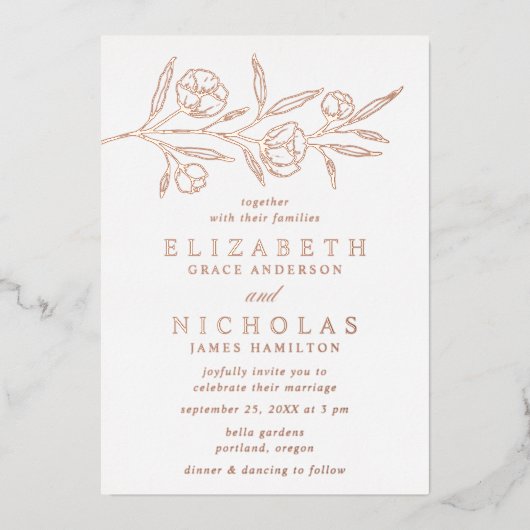 Invitation En Aluminium Mariage floral rose écaillé or (Recto)