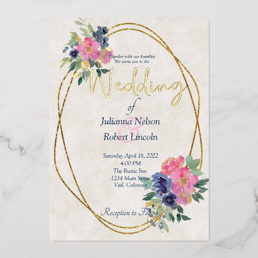 Invitation En Aluminium Mariage floral rose et bleu (Recto)