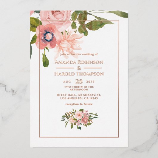 Invitation En Aluminium Mariage floral rose et Rose or (Recto)