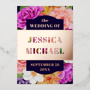 Invitation En Aluminium Mariage Floral Rose Gold Bleu Foncé Rose Violet