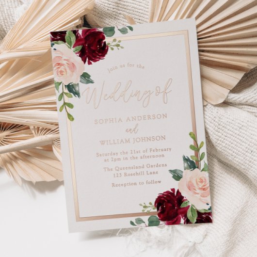 Invitation En Aluminium Mariage Floral rose Gold, Blush et Bourgogne
