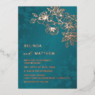 Invitation En Aluminium Mariage Floral Rose Gold et Sarcelle