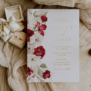 Invitation En Aluminium Mariage floral rouge et blanc à feuille d'or roman