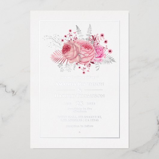 Invitation En Aluminium Mariage floral tropical rose et argent (Recto)