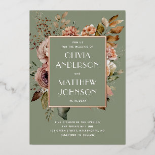Invitation En Aluminium Mariage Floral Vert Sauge Poussiéreux   Jardin Or