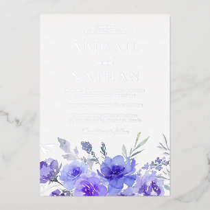 Invitation En Aluminium Mariage floral violet pourpre et feuille d'argent