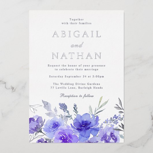 Invitation En Aluminium Mariage floral violet violet à huile d'argent (Recto)