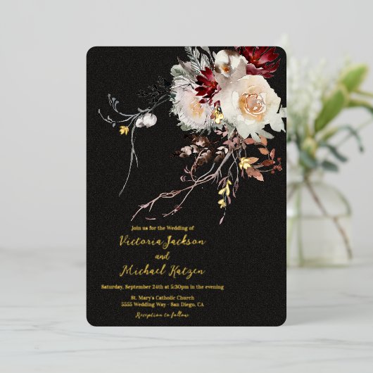 Invitation En Aluminium Mariage Foi floral d'hiver foncé et humide (Debout devant)