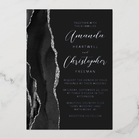 Invitation En Aluminium Mariage foncé Agate Black Silver Script (Recto)
