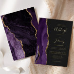 Invitation En Aluminium Mariage foncé doré moderne violet agate doré<br><div class="desc">Le bord gauche de cette élégante faire-part de mariage moderne est orné d'une bordure d'aquarelle violette ornée d'une parties scintillant en faux or. Le texte personnalisable combine écriture manuscrite, copperplate et polices italiques en feuille d'or réelle sur un arrière - plan non noir. L'envers est assorti d'une agate violette et...</div>