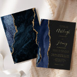 Invitation En Aluminium Mariage foncé moderne Gold Navy Blue Agate<br><div class="desc">Le bord gauche de cette élégante faire-part de mariage moderne est orné d'une bordure en aquarelle bleu marine ornée d'une parties scintillant en faux or. Le texte personnalisable combine écriture manuscrite, copperplate et polices italiques en feuille d'or réelle sur un arrière - plan non noir. L'envers est assorti d'un design...</div>