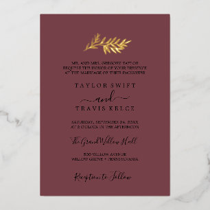 Invitation En Aluminium Mariage Formel Minimaliste Feuille Bourgogne et Or