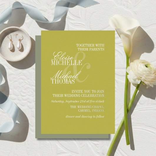 Invitation En Aluminium Mariage Formel Moderne Écriture Chartreuse